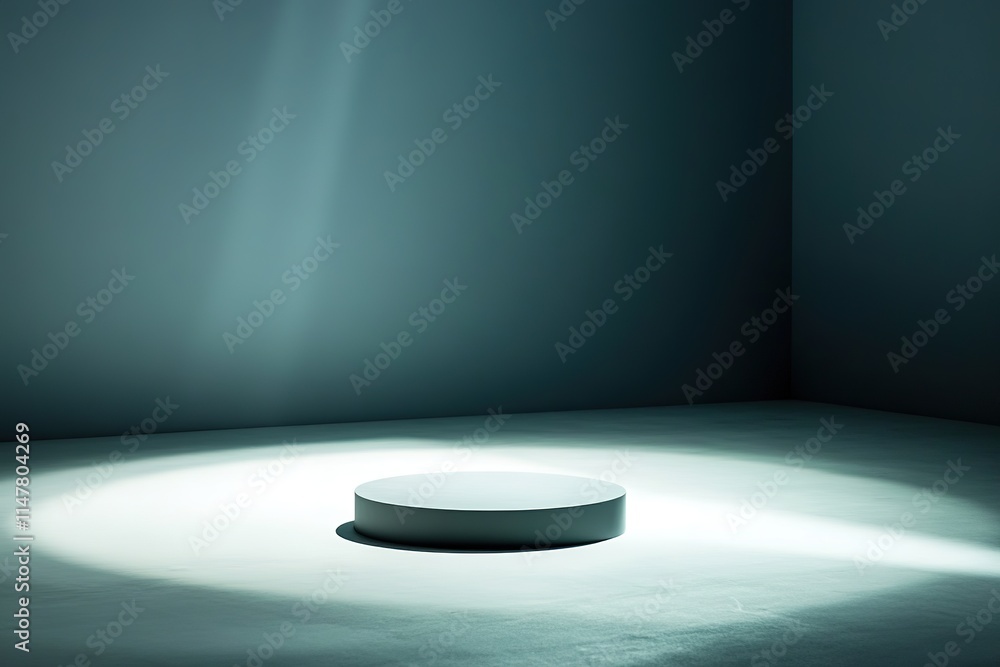 Poster minimalist space features circular platform illuminated by soft