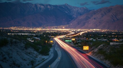 Fototapeta premium City lights and car trails in a valley with mountains at dusk.