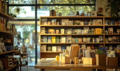 Bookstore interior with shelves, table, books, blurred background.