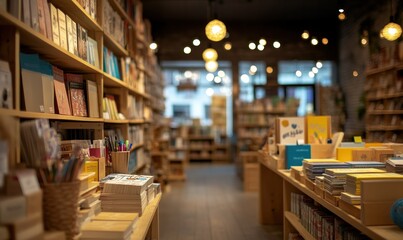Bookstore interior, shelves full of books, blurred background.