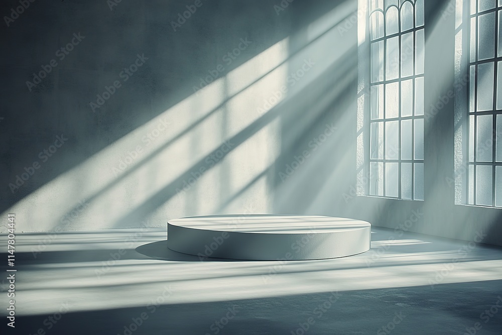 Poster minimalistic space illuminated by soft rays, showcasing circular