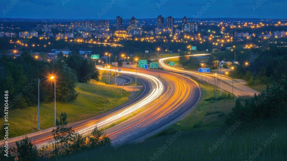 Wall mural Highway light trails with city skyline.