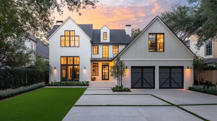 Modern white house with dark windows and a green lawn at sunset.