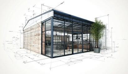 Sketch of modern house with large windows, bricks, and plant.