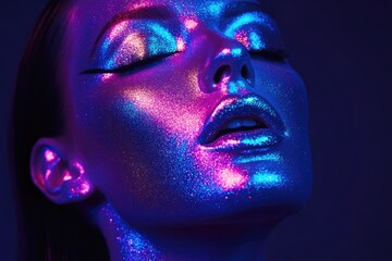 Glowing high fashion model with metallic lips in neon lights.