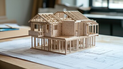Wooden house model on blueprints.