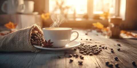 Obraz premium Steaming coffee with beans, star anise, autumn leaves.