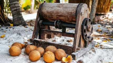 Vintage coconut husker on sandy beach with coconuts scattered nearby