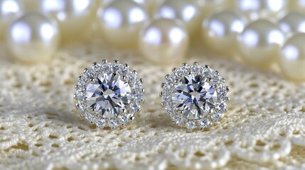 Fototapeta premium Elegant Diamond Stud Earrings Surrounded by Pearls on Lace