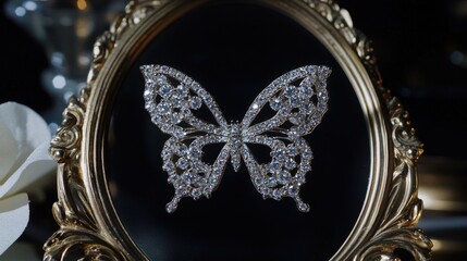 Obraz premium Elegant Silver Butterfly Brooch in Vintage Frame Display