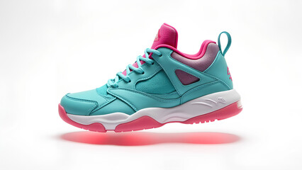 a flashy sneaker made of turqoise and pink leather with magic jumping sole floating above a white backdrop