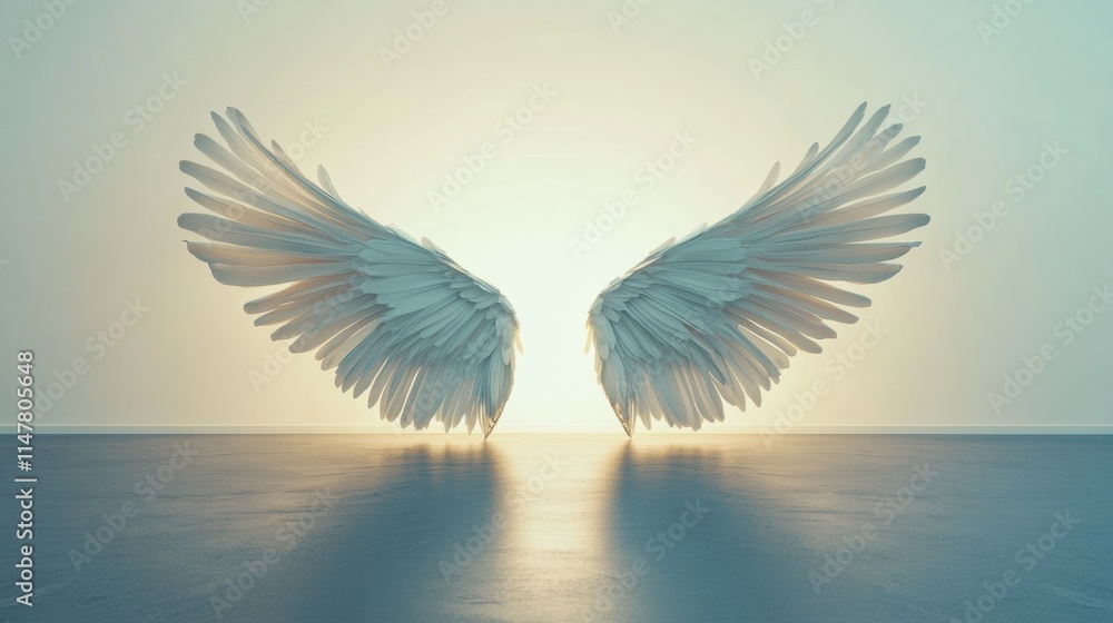 Poster Graceful angel wings gently illuminated at sunrise in a serene setting for artistic reflection and inspiration. Generative AI