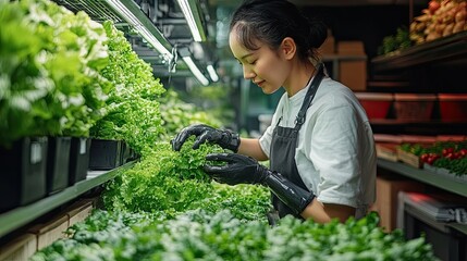 Woman inspecting fresh lettuce in a hydroponic farm.