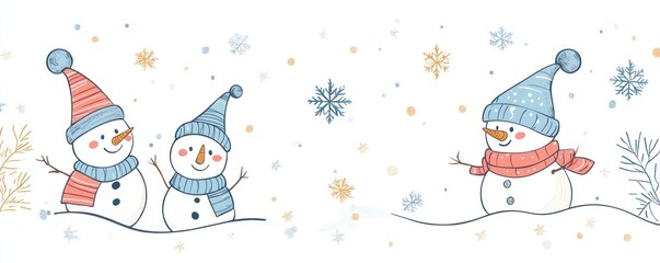 Whimsical snowmen with hats, scarves and snowflakes on a white background.