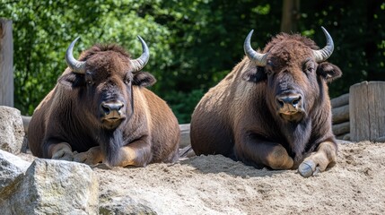 Two brown bisons resting on sand.