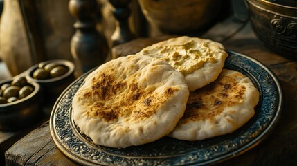 Freshly Baked Flatbread on Decorative Plate with Olive Dishes