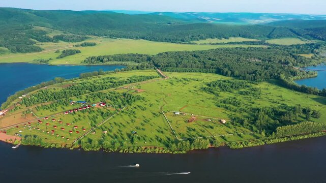 Southern Urals, Bashkortostan, Nugush reservoir in summer. Aerial view.