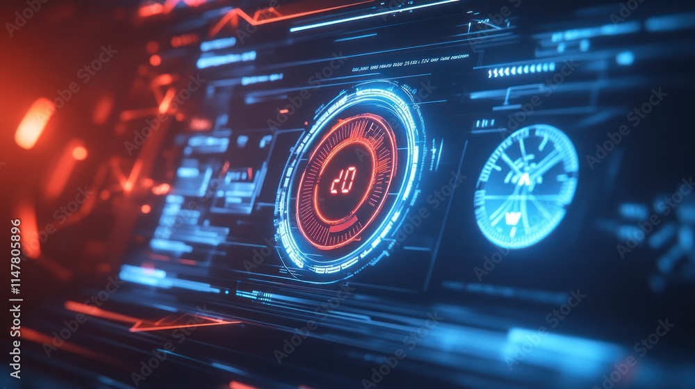 Poster sci-fi digital interface display with blue and red glowing information panels.