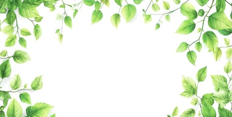 Green leaves frame white backdrop.