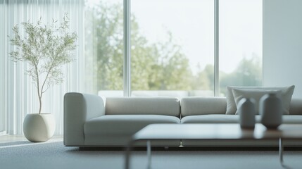 Fototapeta premium Minimalist modern living space with refined, stylish decor. Featuring clean lines and soft hues
