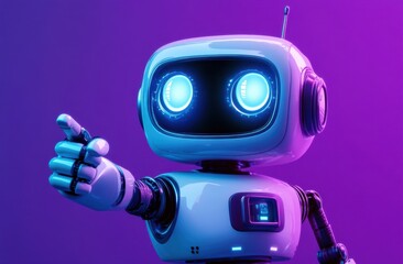 Fototapeta premium Robot with blue eyes and a white body is pointing to the camera