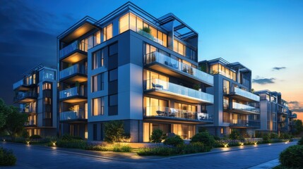 Modern apartment building at dusk, illuminated.