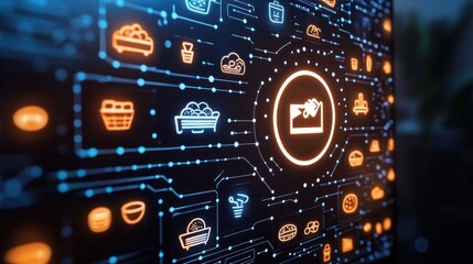 Glowing food icons on dark digital screen.