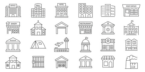 Buildings icon set. Containing Office, Hospital, Restaurant, Museum, School, Post office, Airport and more. editable stock thin outline icon collection .