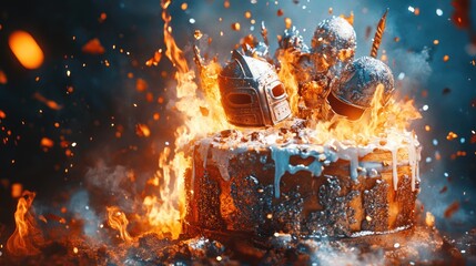 Burning cake with knight helmets.