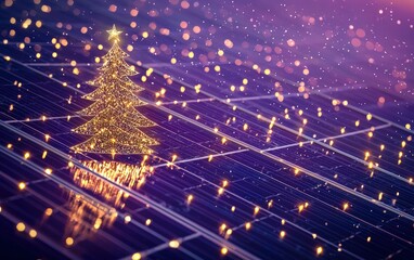 Solar panels with a sparkling holiday tree in front, set against a deep purple background with glowing accents