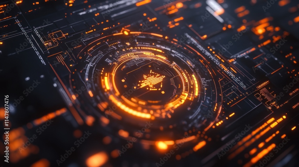 Poster digital network with glowing orange lines and circular element.