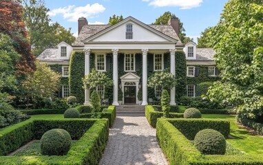 Fototapeta premium A charming colonial-style house with white columns and perfectly trimmed hedges