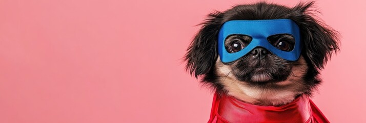 Fototapeta premium Dog with blue mask and red cape on pink background.