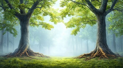 The detailed description related to the concept artwork of the everlasting majestic deep forest life trees of eternal legend depicts a lush and vibrant forest scenery