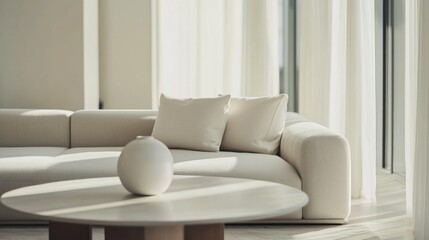 Minimalist modern living space with sleek, refined design. Featuring clean lines and soft tones