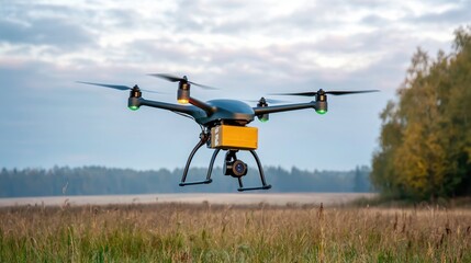 A small unmanned aircraft equipped with rotor blades and sensors, capable of autonomously carrying a securely packaged item to a specified location for delivery.