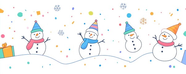 Four cute snowmen with hats and scarves, colorful confetti and snow.