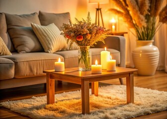 Cozy Living Room Still Life: Candles, Flowers, and Wooden Side Table - Rule of Thirds Photography
