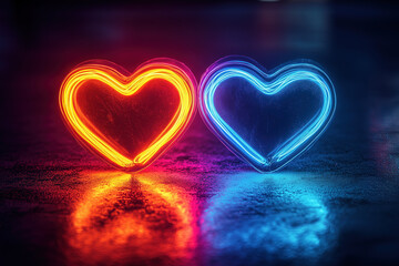 Obraz premium Two glowing neon hearts on a dark background, with a colorful light reflection and refraction effect, creating a romantic Valentine's Day concept.