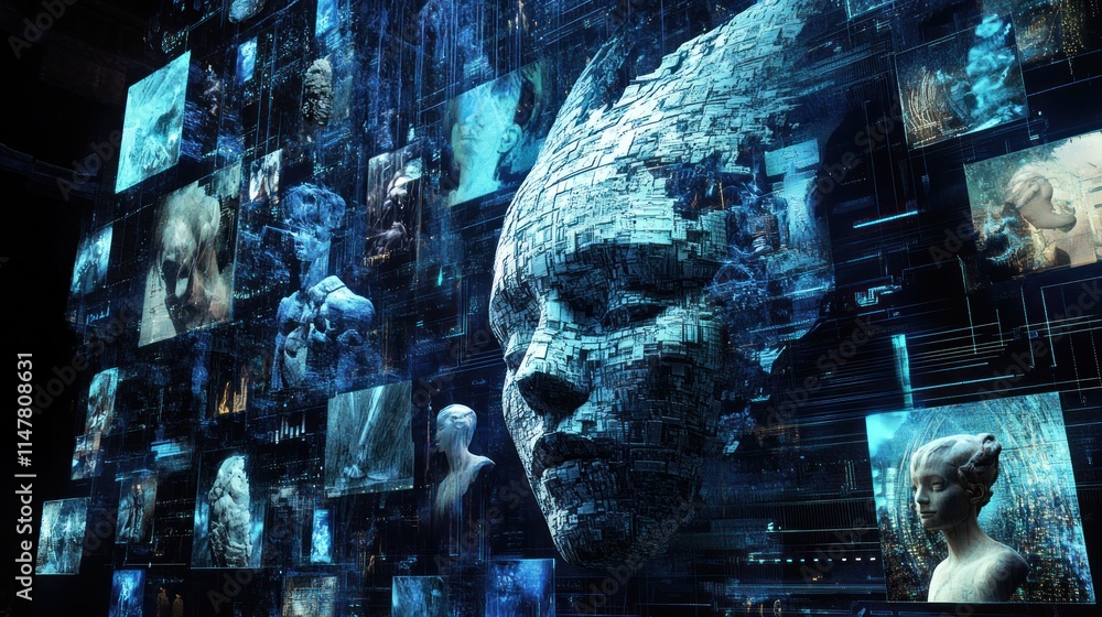 Aufkleber digital face amidst array of images, abstract technology concept.