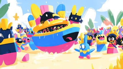 A colorful beach scene featuring playful characters and a whimsical ship.