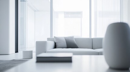 Fototapeta premium Minimalist modern living space with sleek, refined design. Featuring clean lines and soft tones