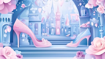Pink and blue heels in a dreamy fairytale castle.