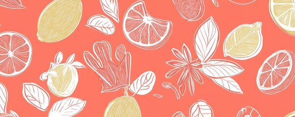Seamless pattern with citrus fruits and leaves on coral background.