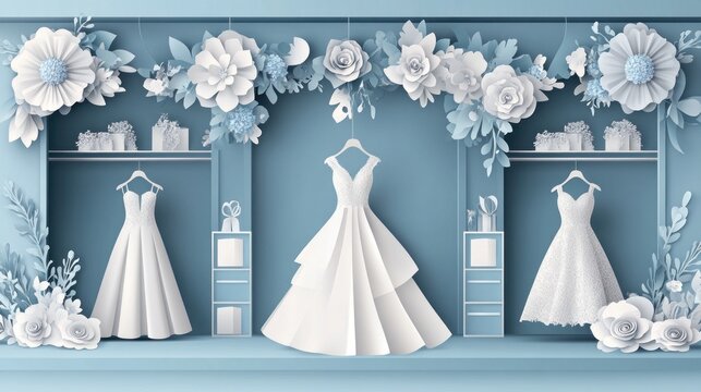 White wedding dresses displayed in a blue-toned shop setting. - Powered by Adobe