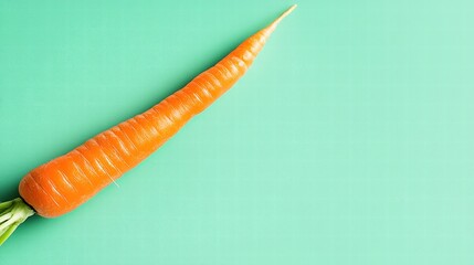 An elegantly arranged composition featuring a single carrot with a slightly curved form, placed against a pastel green backdrop that evokes a sense of vitality. The lighting accentuates the carrots