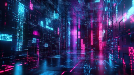 Fototapeta premium Neon Digital Corridor: A Journey Through Cyberspace