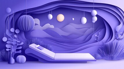 Layered paper cutout art with chaise lounge and hanging orbs.