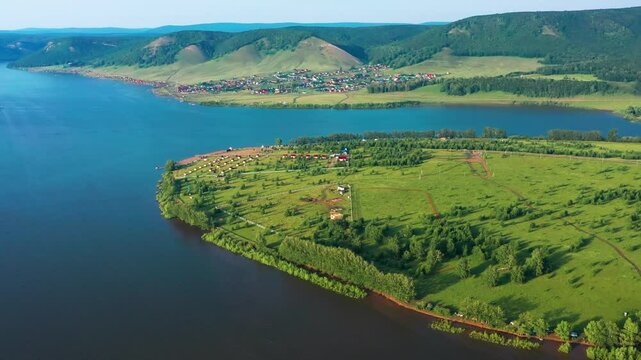 Southern Urals, Bashkortostan, Nugush reservoir in summer. Aerial view.
