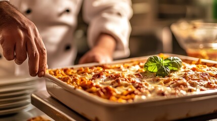 Chef holds a dish of lasagna in kitchen.
